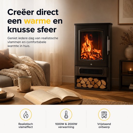 Zwarte elektrische sfeerhaard met vlammeneffect en houthaard, in een gezellige woonkamer.