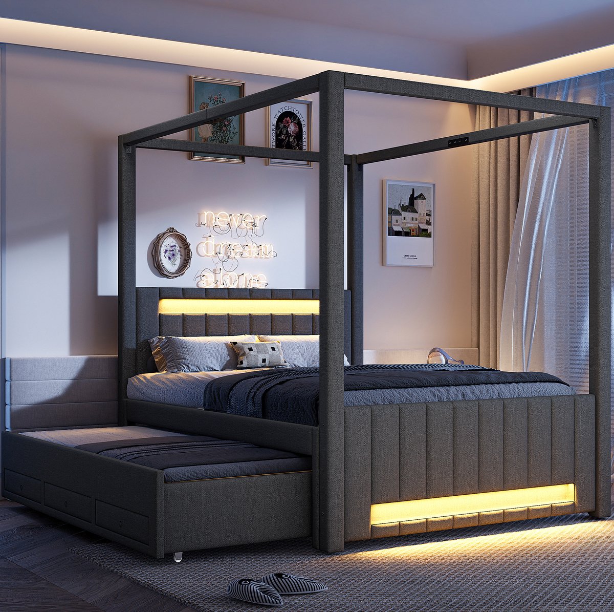 REDOM - Hemelbed met uitziehbed en 3 opberglades - LED-verlichting aan hoofd- en voeteneind - Lattenbodem - Slaapkamer - MDF en stof - 140 x 200 cm