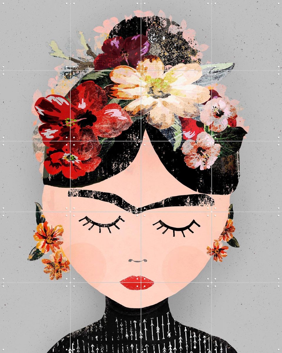 IXXI Frida (Grey Version), Treechild & Various - 80 x 100 cm - Gratis ophangtool - Grote wanddecoratie en posters - Kleurrijk, Speels, Illustraties