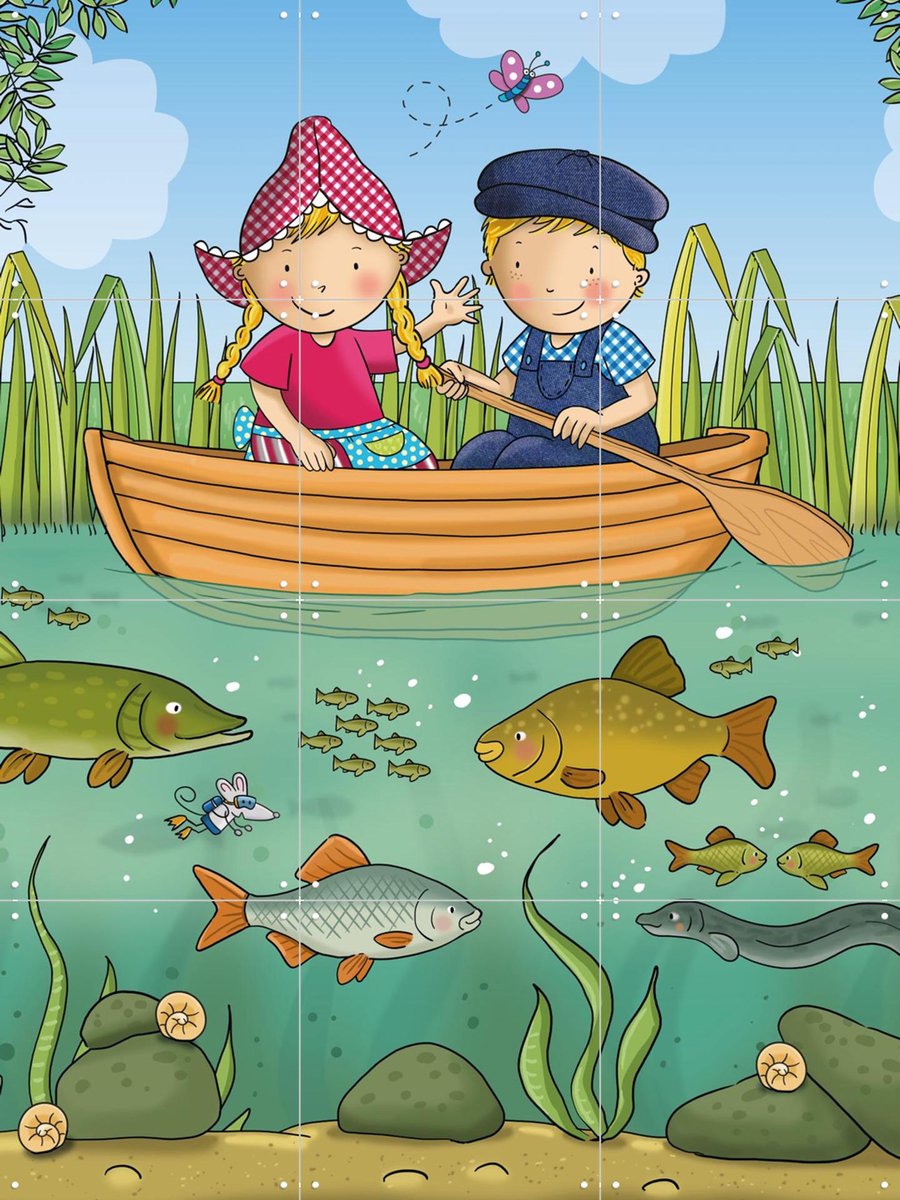 IXXI Fien & Teun varen tussen de visjes, Fien & Teun & Van Hoorne Studios - 60 x 80 cm - Gratis ophangtool - Grote wanddecoratie en posters -