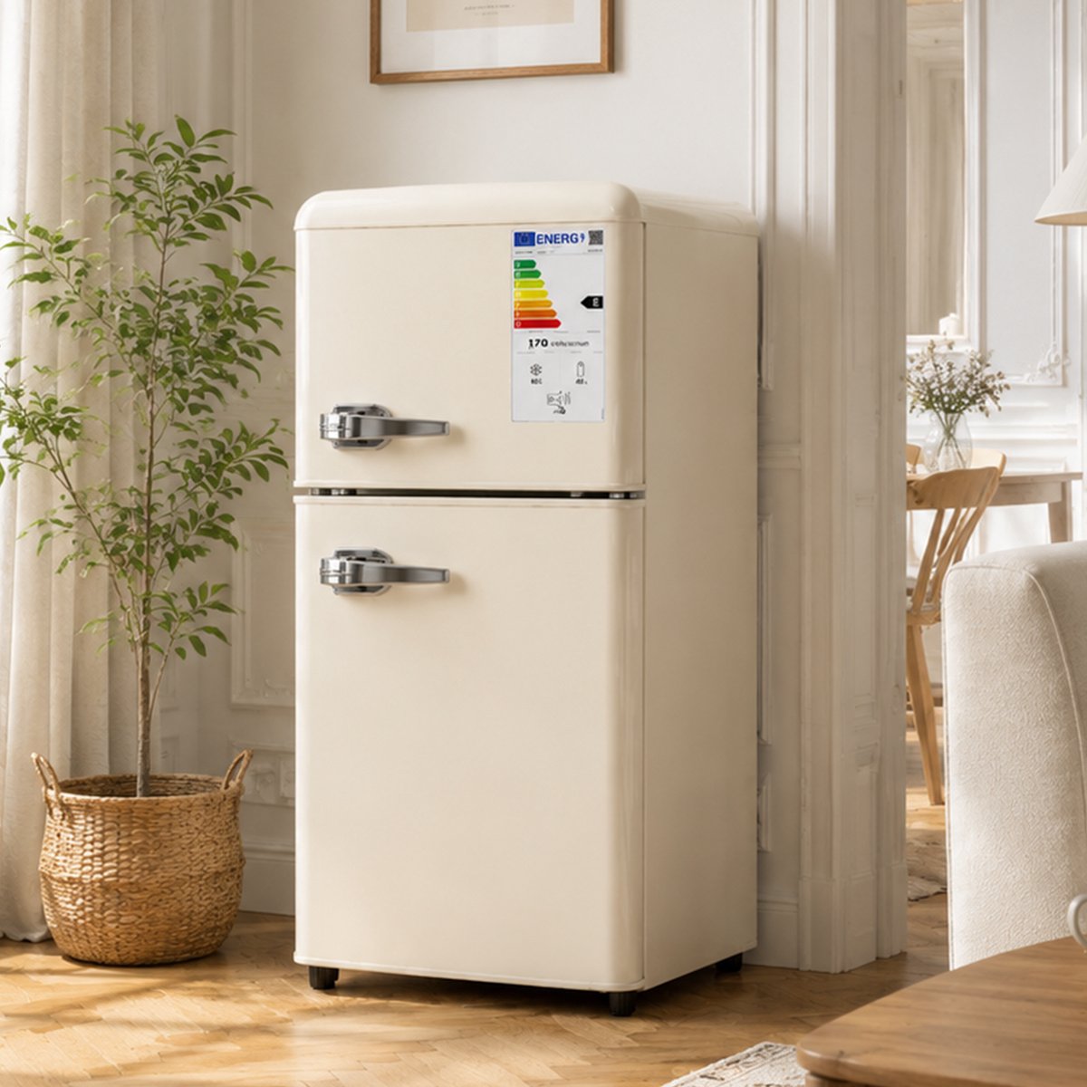 Retro koelkast- Mini koelkast - Vrijstaande koelkast-Koelkast met vriesvak – 7 standen – LED licht – Stil - Kantoor - 60L- 1 - Crème