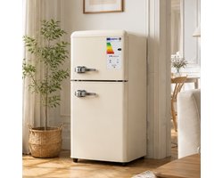 Retro koelkast- Mini koelkast - Vrijstaande koelkast-Koelkast met vriesvak – 7 standen – LED licht – Stil - Kantoor - 60L- 1 - Crème