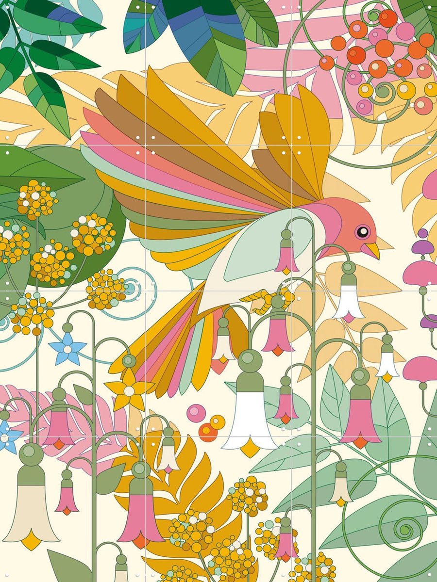 IXXI Morning Bird with Flowers, Bo Lundberg - 60 x 80 cm - Gratis ophangtool - Grote wanddecoratie en posters - Digitale Kunst, Speels, Kleurrijk