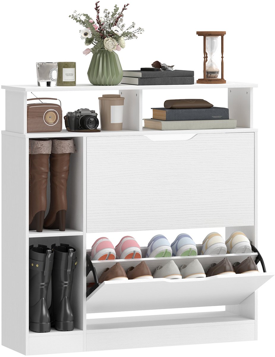 HOMCOM neerklapbare schoenenkast - Spaanplaat, MDF - 89 x 25 x 92 cm - Wit