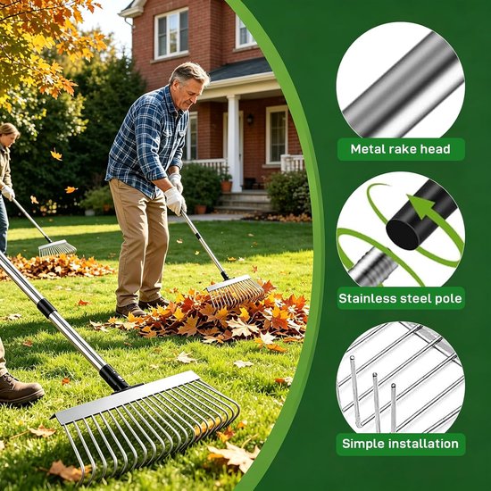 Hark, tuinhark, 21 tanden, 160 cm, metalen hark, 4-traps verstelbare handgreep en afneembare hark, voor wieden, bemesten, tuinhark, bladeren, gras, bodem, tuin en gazon — afbeelding 2