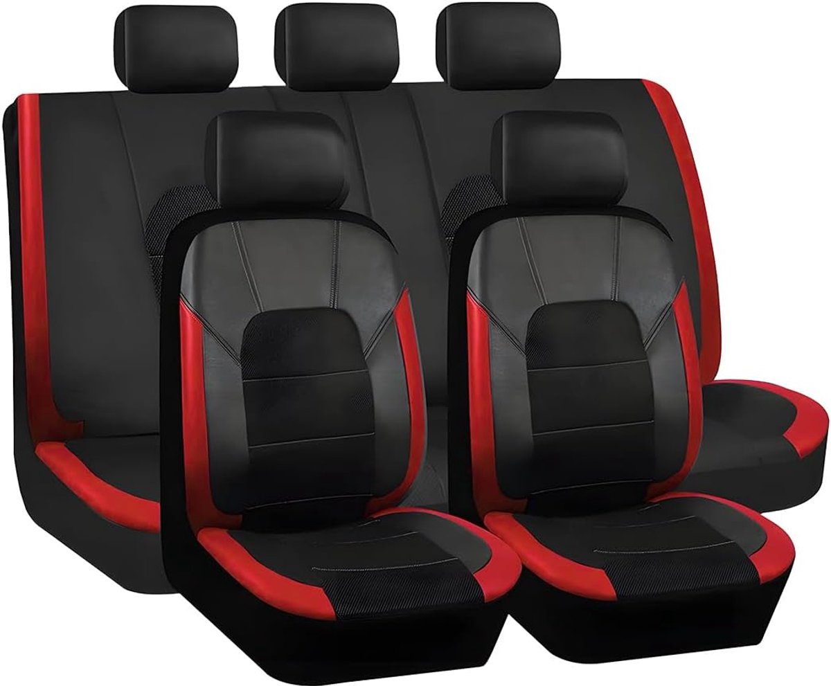 9 stuks leren autostoelhoezen, ademend, waterdicht, antislip, stoelhoezen, voor en achter, autohoezen, geschikt voor SUV, leren autostoelhoezen, universeel, rood