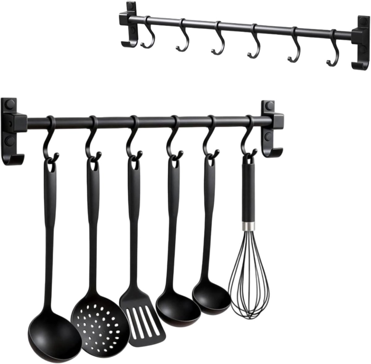 Keukenreling 40 cm - Aluminium met 6 haken - Zwart - Ideaal voor keukengerei - ShopVlot