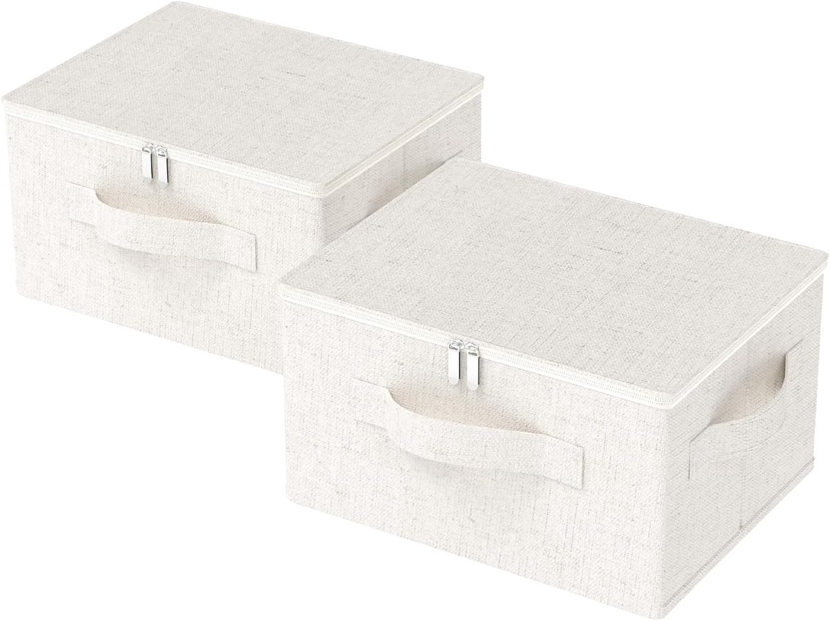 Set van 2 klapdozen met deksel, opbergdoos voor onder het bed met handvat, kledingkast, opbergtas, kan in de slaapkamer, woonkamer worden gebruikt, 45 x 35 x 25 cm, beige