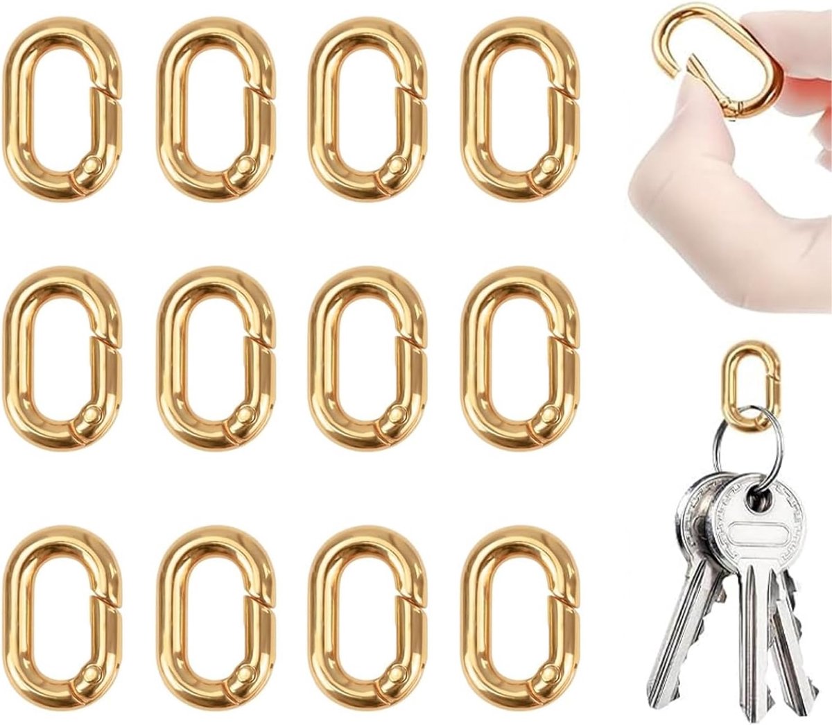 Karabijnhaken, goudkleurige karabijnhaak met veren, 34 mm, metalen karabijnhaak, sleutelhanger voor tassen, portemonnees, reizen, wandelen, doe-het-zelf handwerk
