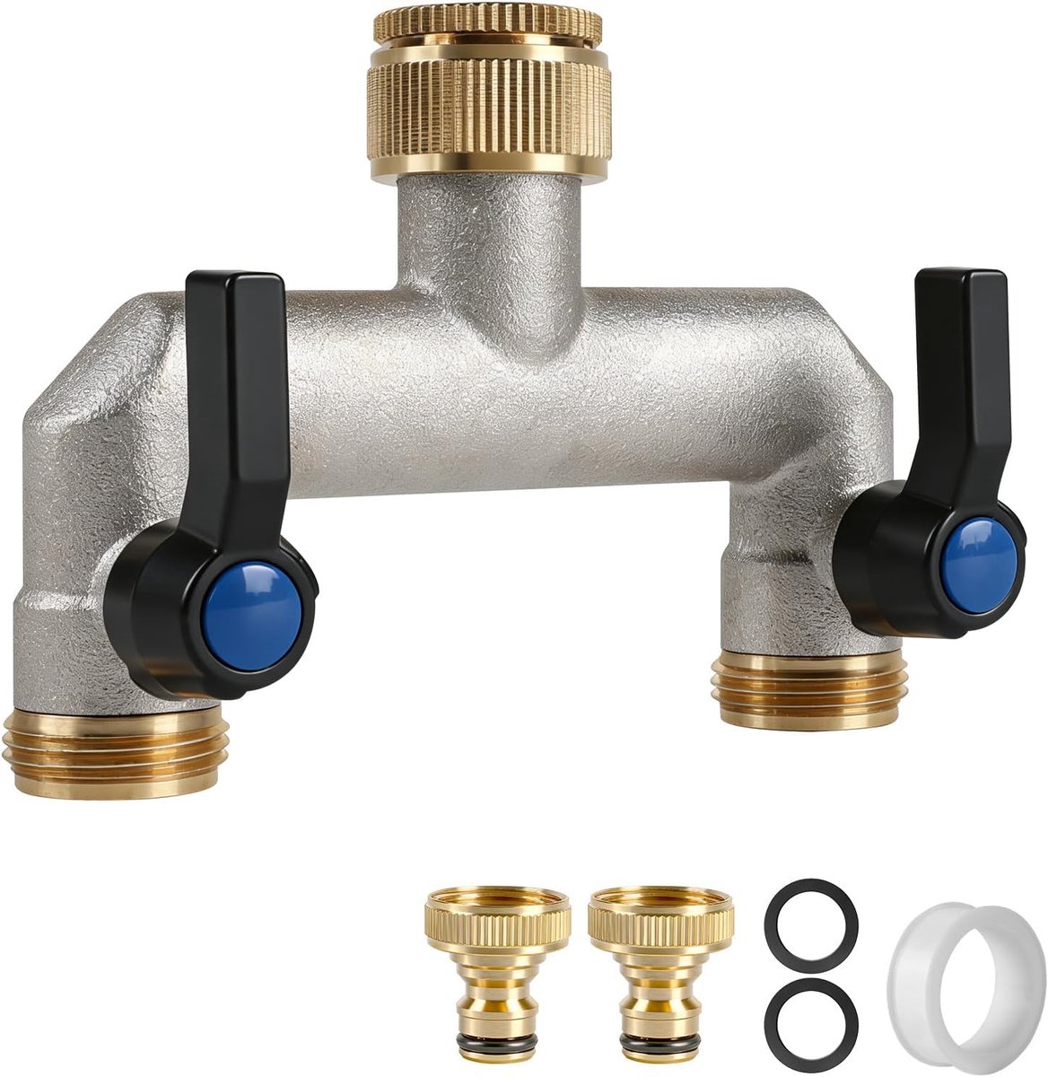 2-weg messing waterverdeler G3/4 inch kraan ventiel met 1/2 inch adapter, wateraansluiting verdeler met metalen handgreep, tuinwaterkraanaansluiting, messing slangconnector voor binnenplaats
