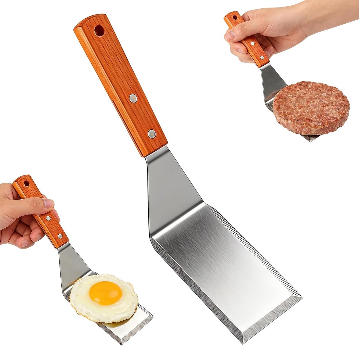 Spatel van roestvrij staal met houten handvat, keukenspatel, grillspatel roestvrij staal, robuuste metalen spatel voor grillen, hamburgers, braden en keuken, zilverkleurig
