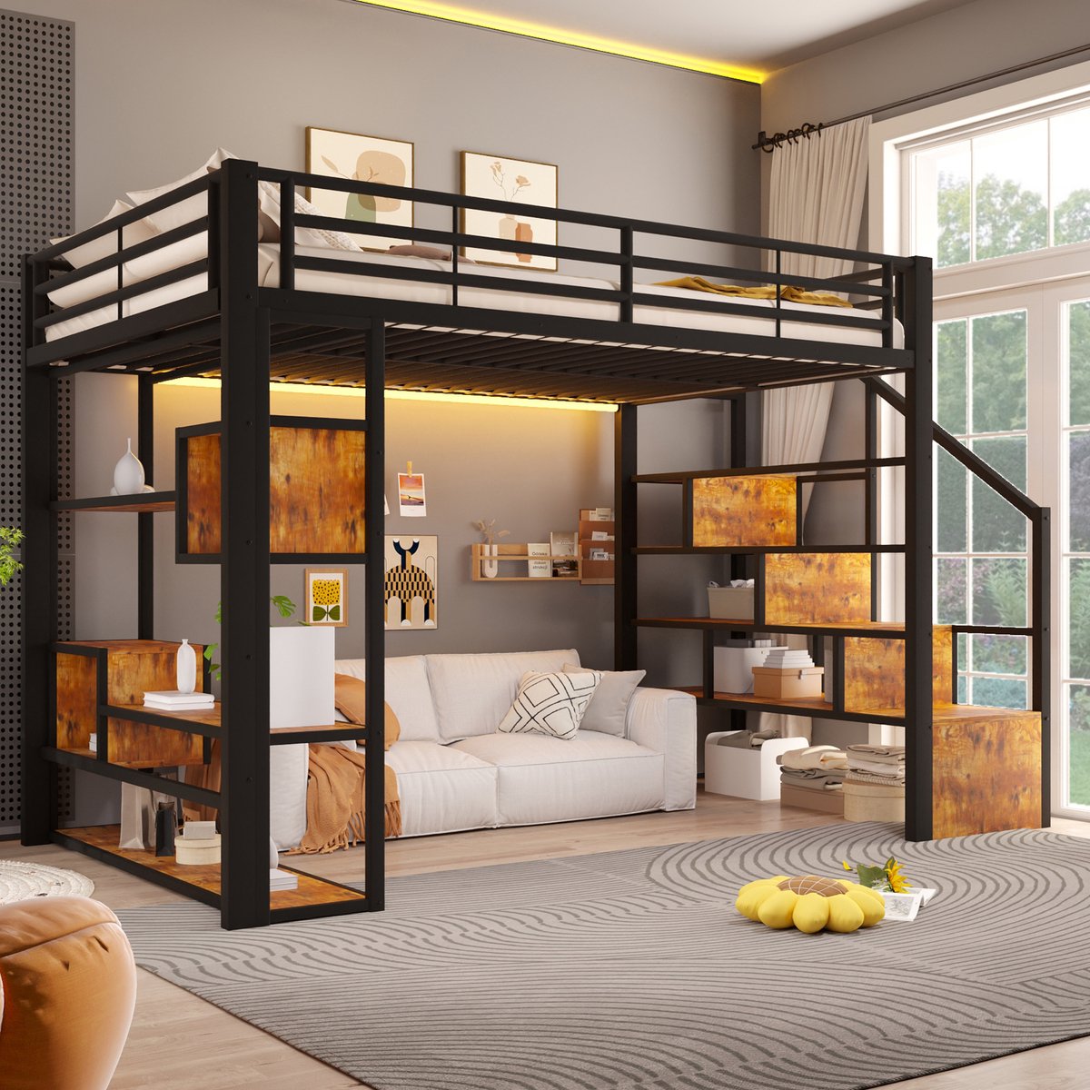 VVBV-Metalen Hoogslaper 140x200 cm met Trap-Open Opbergruimte-Uitvalbeveiliging en LED-Verlichting - Zwart