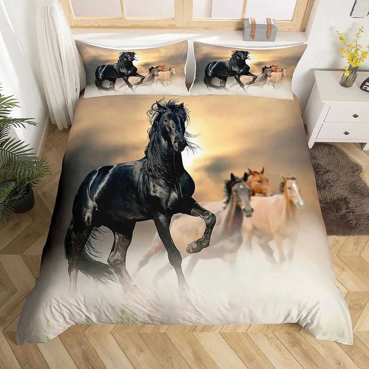 Dekbedovertrek met paardenmotief, kinderbeddengoedset, 3D-print, paardenmotief, dekbedovertrek voor kinderen, jongens, jongeren, met ritssluiting en kussensloop (zwart2, 200 x 200 cm)