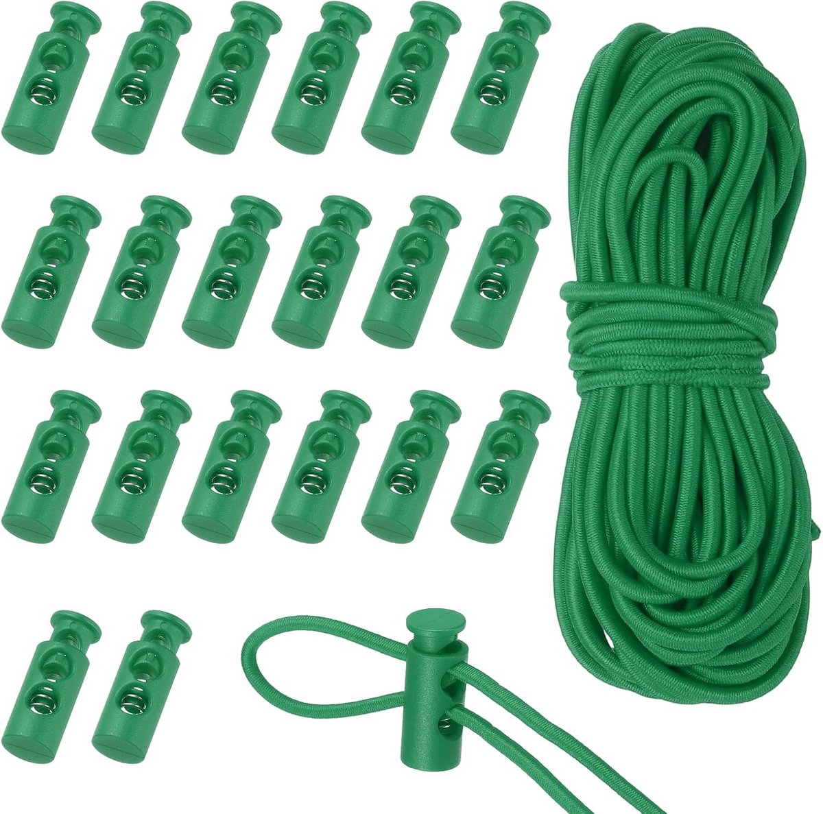 20 stuks sloten voor sleutelkoorden van kunststof en 5 m elastische sleutelband, dubbel gat voor veters, schuifsluiting voor vervangende veters, rugzakken, groen