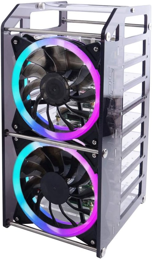 Raspberry Pi Cluster Behuizing 8 Lagen met Grote RGB Koelventilator voor Pi 4B/3B+/3B/2B en Jetson Nano