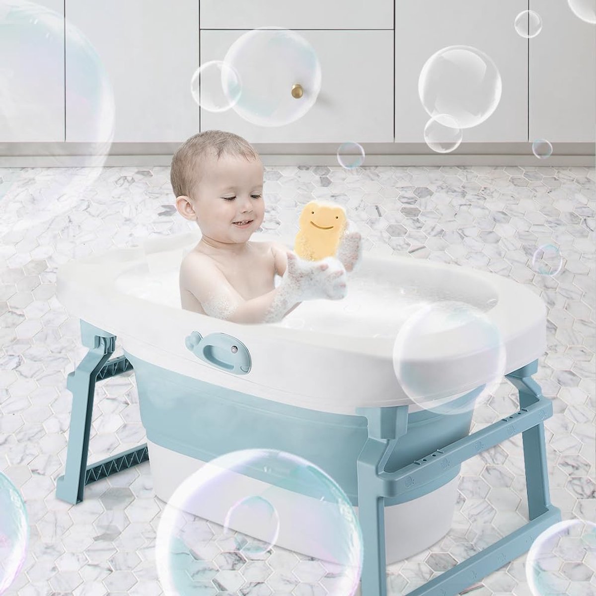 babybad, 3-in-1, babybad, opvouwbaar, kussen, kinderbad geschikt voor pasgeborenen en kleintjes, opvouwbaar om ruimte te besparen, antislipmat, 85,3 x 55,5 x 43,7 cm, blauw