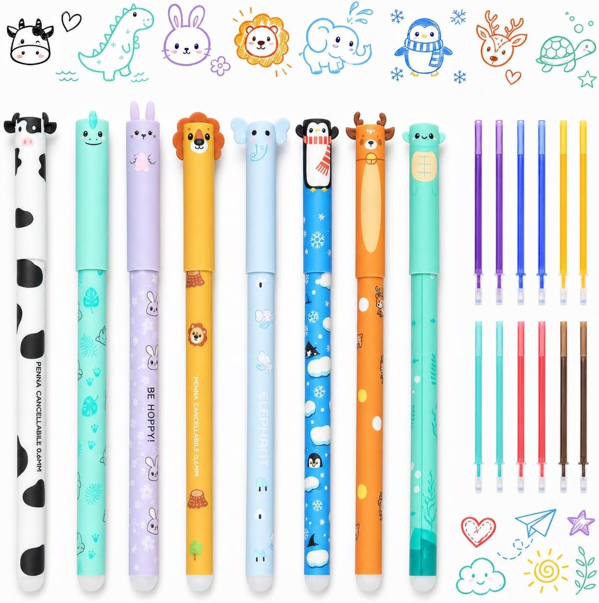 Gelpennen, uitwisbaar met diermotieven, 0,5 mm punt, met 12 gekleurde reservevullingen, uitwisbare balpen voor school en kantoor | Fijne punt en uitwisbare inkt; Kawaii-dierendesign voor school, kantoor, notities, schoolbenodigdheden en kerstcadeau