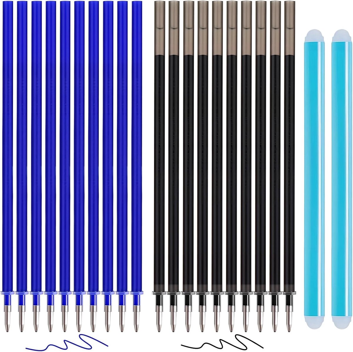 20 stuks uitwisbare vullingen, compatibel met Legami, 0,7 mm, hoogte 13 cm, met 2 gummen, eenvoudig te gummen, rollerbalpen, uitwisbare navullingen voor uitwisbare pennen, zwart en blauw (zwart blauw)