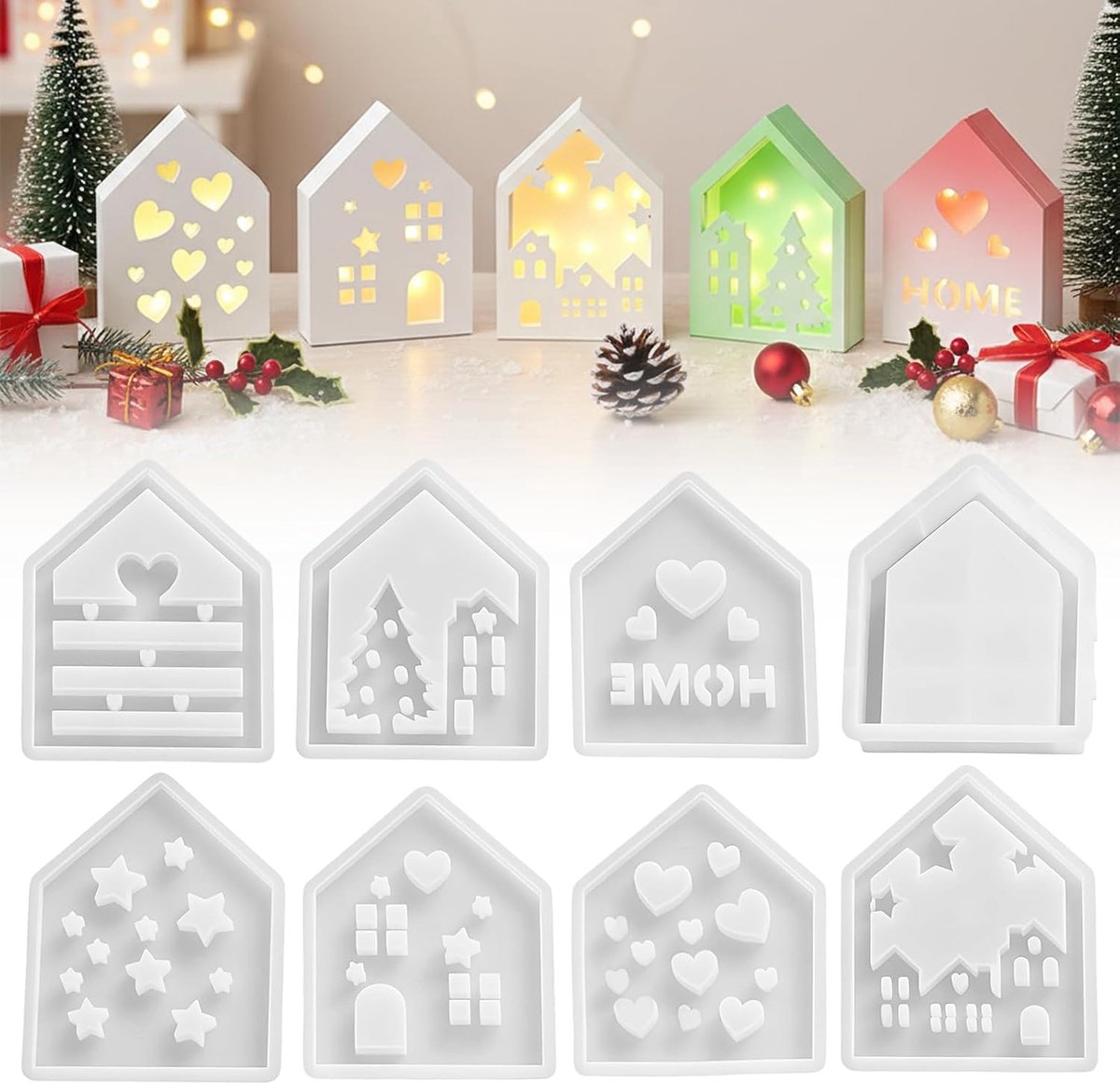 8 stuks siliconen vormen gietvormen huizen 3D siliconen vorm huis Kerstmis | Gietvormen siliconen mini-huis, kaarsvorm, zeepvorm, epoxyhars, vormen voor zeep, gips, gietvorm