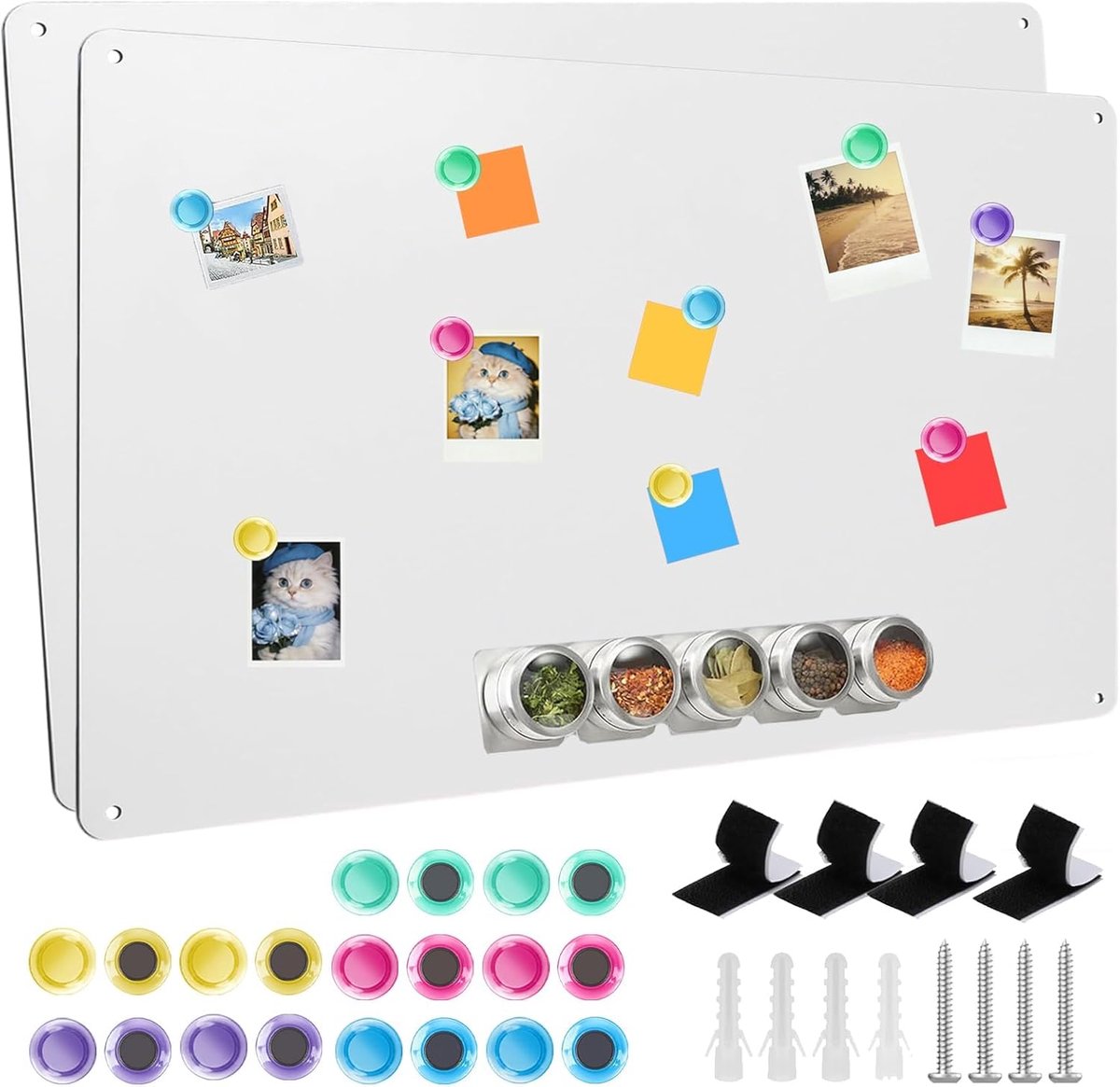 magneetbord, magneetbord, kleine magneetwand, metalen bord met 20 magneetknoppen, prikbord magnetisch (wit, 2 stuks)