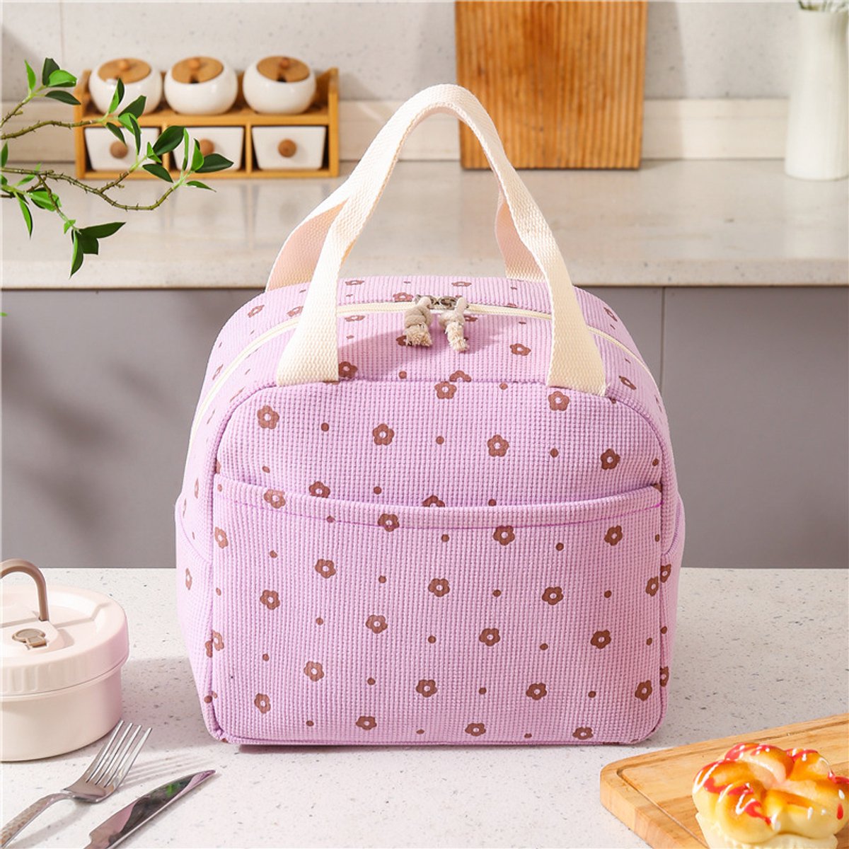 Geïsoleerde lunchtas, dameshandtas, corduroy lunchtas, universele corduroy lunchtas, geschikt voor werk, school, picknicks, enz., draagbaar en praktisch,Paarse bloem