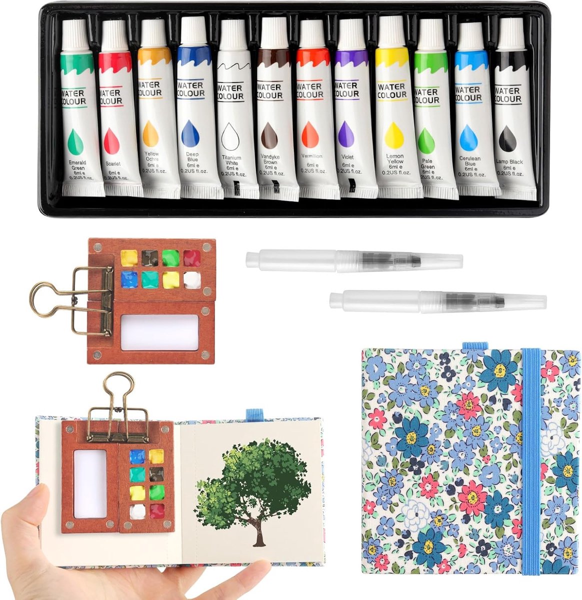 aquarel reisset, 12 kleuren, draagbaar houten schilderpalet en verfkoffer met aquarelpapier, aquarelkwast, stiften, clip, Wood Pocket Artist aquarelreisset voor kunstenaars, outdoor schetsen