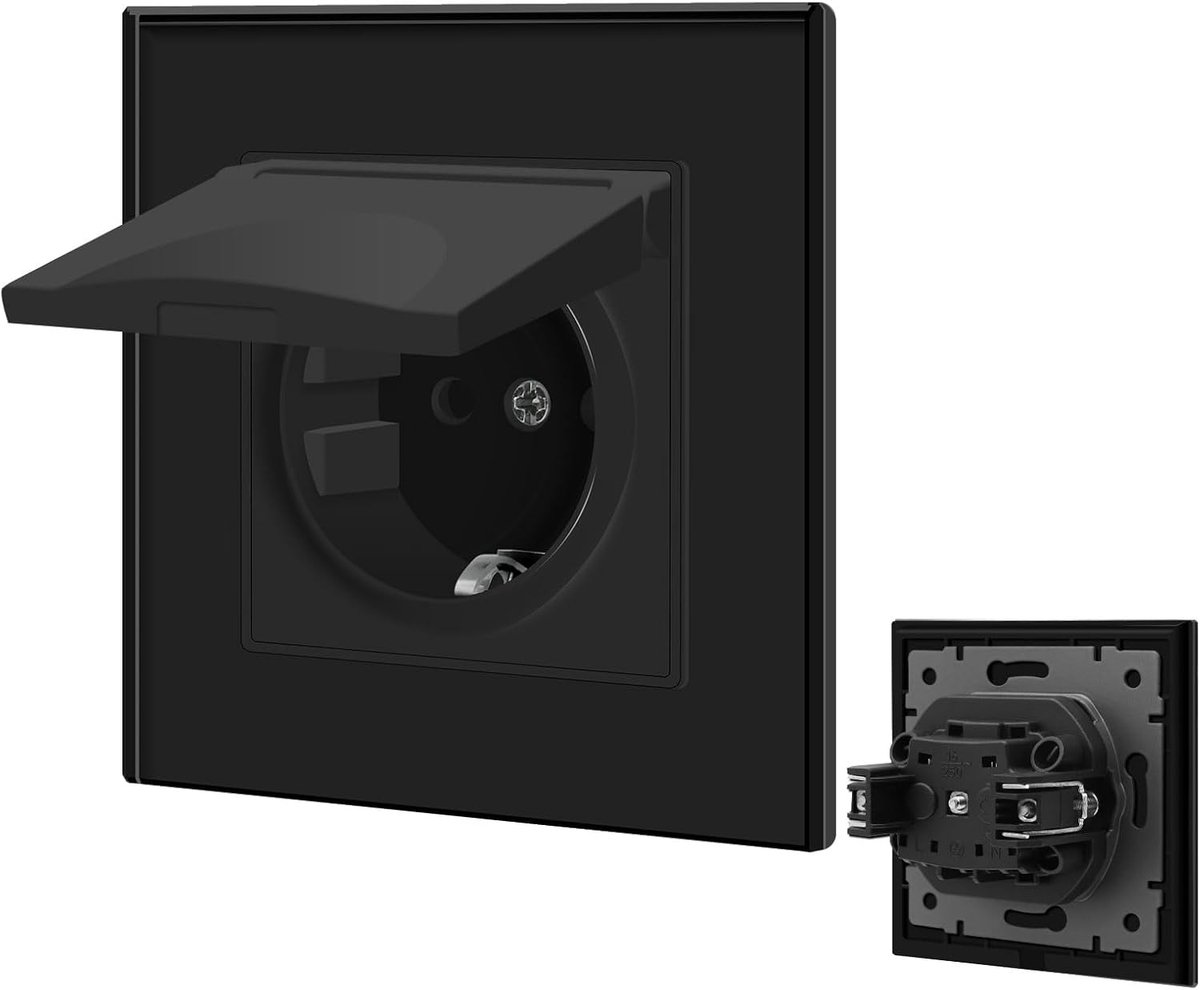 Stopcontact, 1-voudig waterdicht, Schuko-steekklem, inbouw met kristalglazen plaat, enkel stopcontact, 16A, wandcontactdoos, 86