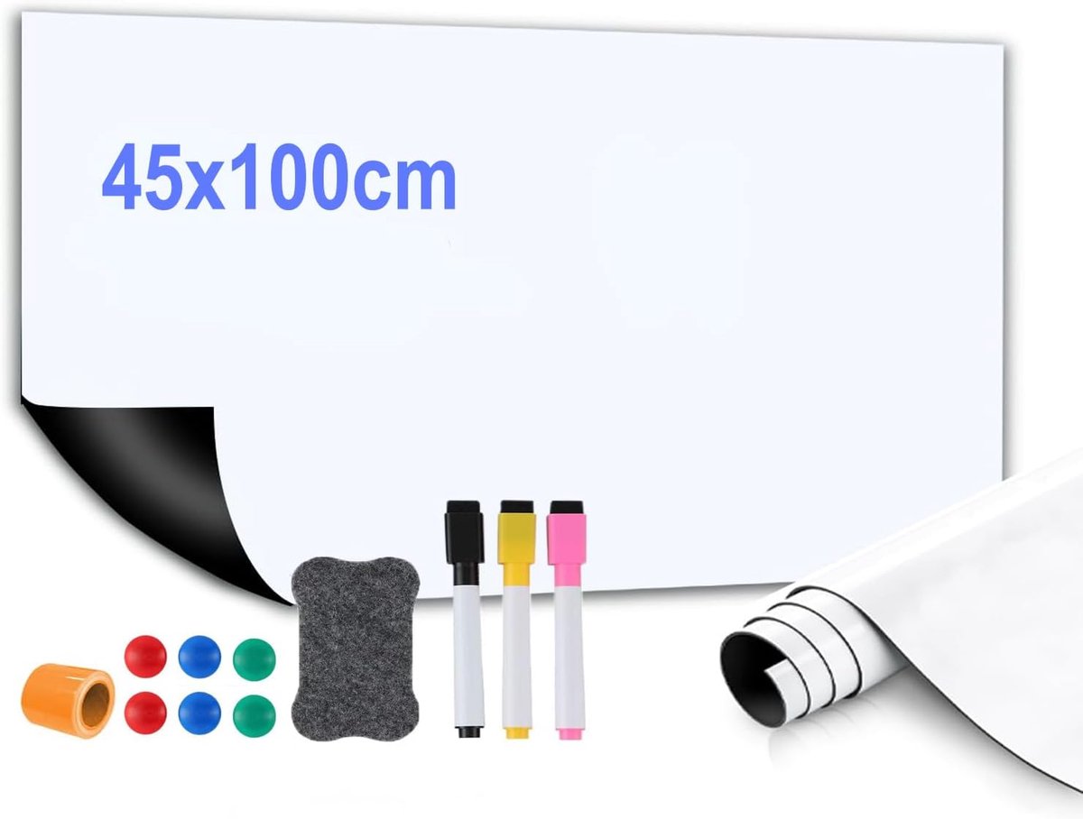 Magnetische whiteboardfolie, 45 x 100 cm, magneetfolie, zelfklevend, whiteboard met marker, bordgum, plakband zonder resten en magneet, voor gladde oppervlakken, kantoor, huis