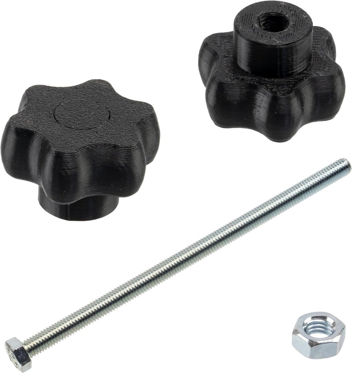 - Set van 8 stervormige M5-spanhandgrepen in zwart kunststof + 4 M5x100 mm 6-punts schroeven en 4 M5 zeskantmoeren | Maximaal klemmbereik 76 mm
