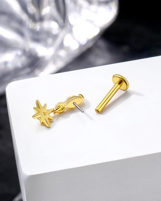 Helix Piercing Sieraden 316l Chirurgisch Staal 16G Conch Tragus Stud Gold Labret Lip Piercing Sieraden Ster 8 6 mm Schroefloos Voorwaarts Kraakbeen Oorbellen Stud voor Vrouwen — afbeelding 2
