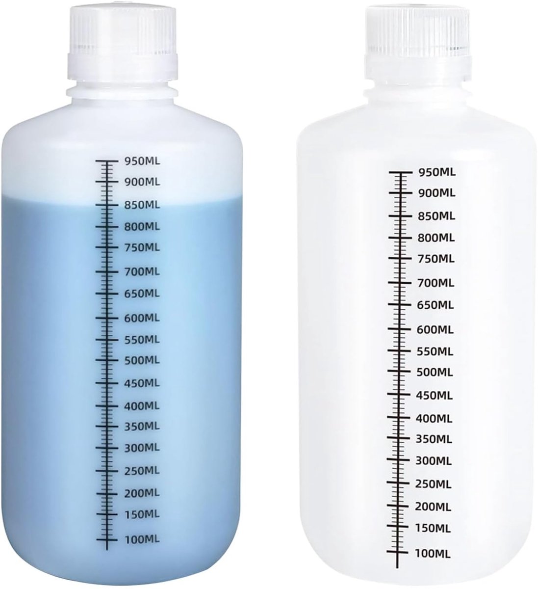 1000 ml, laboratoriumkwaliteit, vloeibare opslagflessen, 2 stuks smalhals kunststof flessen met dicht sluitend deksel, chemicaliënbestendig