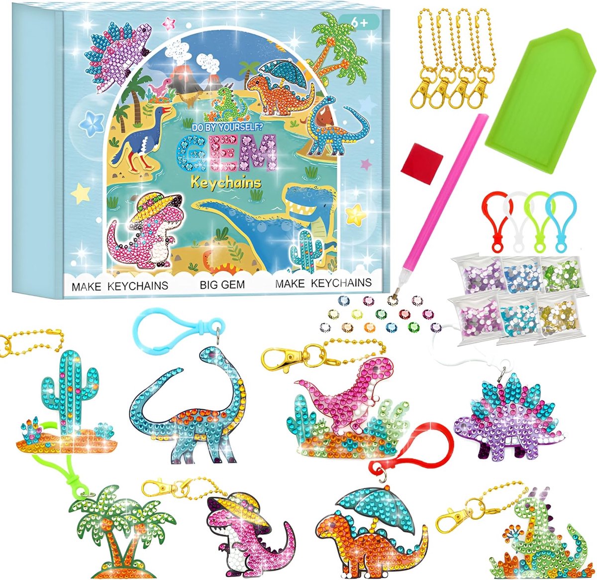 Art 5D Diamond Painting Kits voor Volwassenen DIY Diamantschilderij Sleutelhangers Dinosaurus Diamond Painting Complete Sleutelhanger DIY 5D-haken Sleutelhanger Diamant Dot Kits voor Beginners