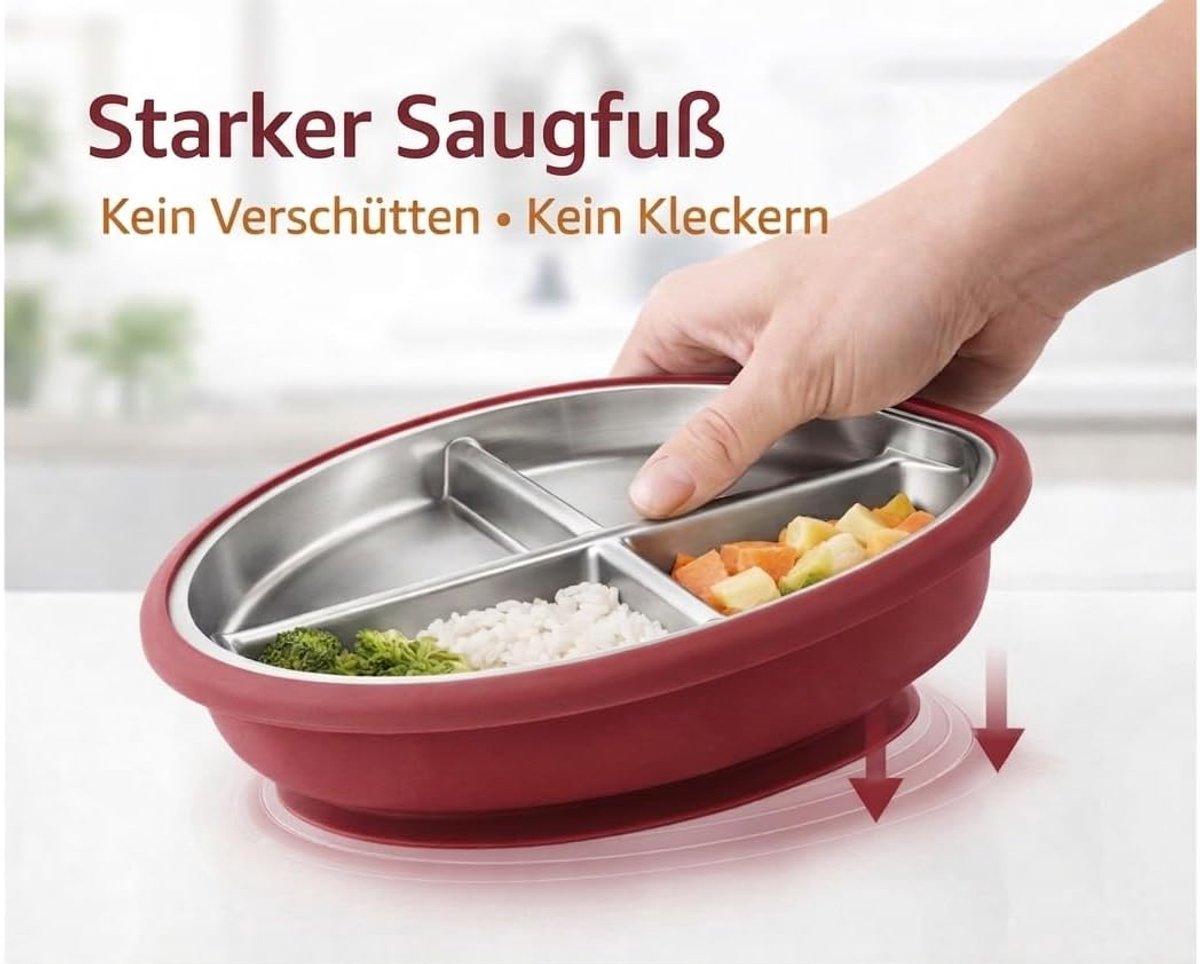 Babyeetset van siliconen en roestvrij staal 304, BPA-vrij, borden, kom, beker met handgrepen, lepel, vork en slabbetje, uitneembaar roestvrijstalen inzetstuk