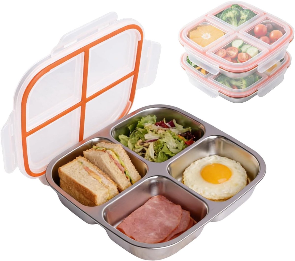 Snackbox met vakken, snackbox van roestvrij staal, herbruikbare snackborden met deksel, bento box, kinderen en volwassenen, snackbox voor school, werk, camping, reizen, 2 stuks, 600 ml