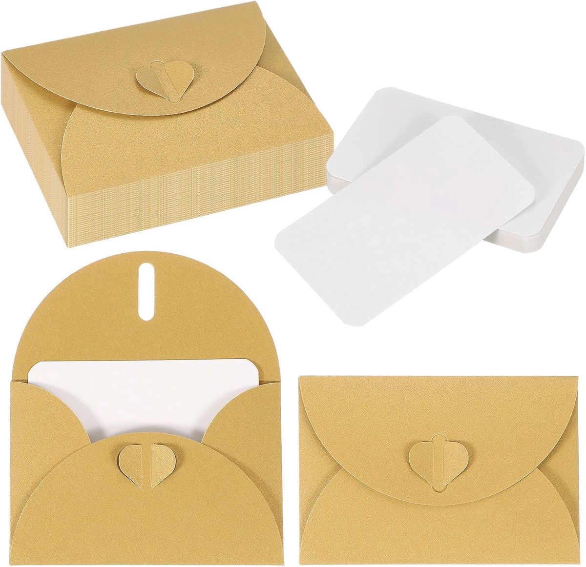 Enveloppen met Hartsluiting, 4.1x3 Blanco Notitiekaarten met Enveloppen voor Gift Bruiloft Uitnodiging Afstuderen Vakantie Thanksgiving Dag Kerstmis, Goud