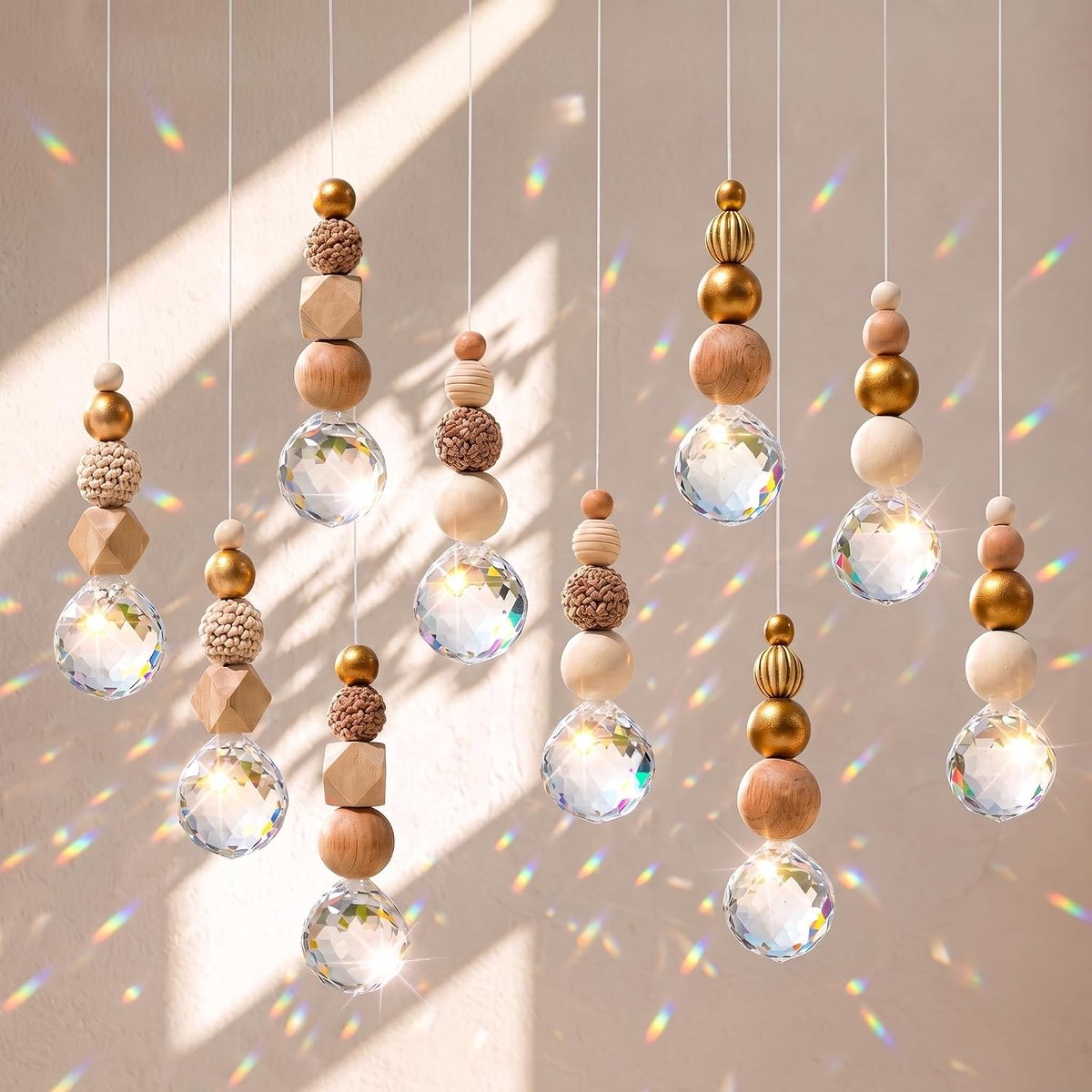 10 stuks zonnevanger, kristal, hangend, prismaballen, glazen kralen, zonnevanger voor ramen, met houten kralen, zonnevanger voor ramen, huis, tuin, Kerstmis, feest