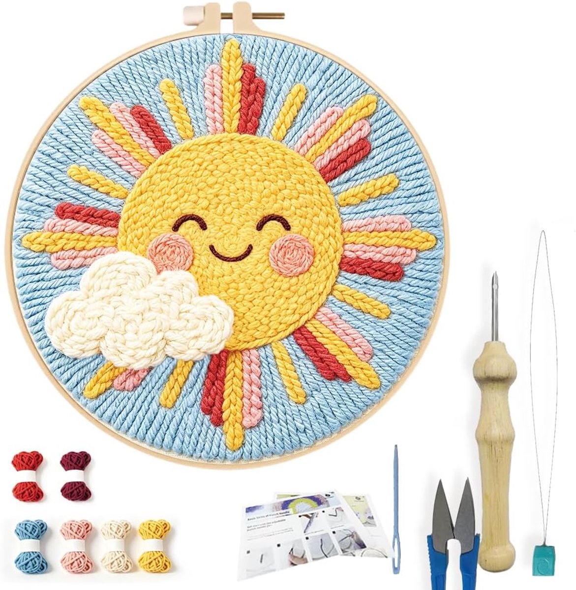 DIY Punch Naald Kit voor Beginners Happy Sun Borduurwerk Punch Naald Starter Craft Set met Instructies Borduurwerk Hoepel Compleet Gereedschap voor Volwassenen Gift Decoratie, 7,9"/20cm