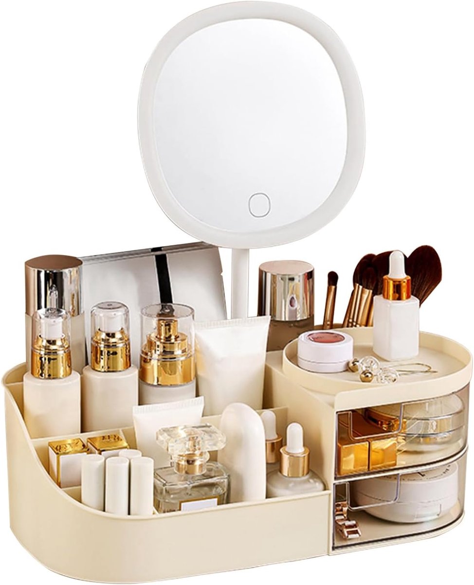 Make-up Organizer met oplaadbare spiegel, Make-up borstel houder met 2 laden, Skincare en cosmetica Organizer tafelblad, Grote capaciteit cosmetische display case voor dressoir, slaapkamer