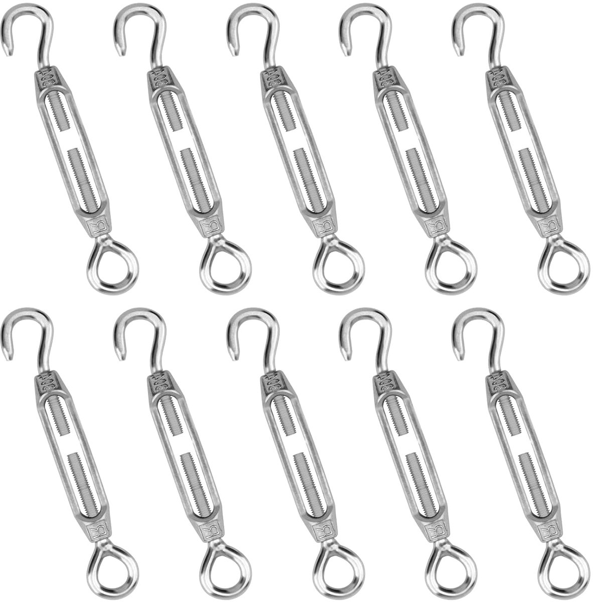 10 stuks M4 spanschroefdraadspanners, 304 roestvrij stalen spanhaken, spanschroef met haak en verstelbaar oog om op te hangen en te spannen, 10,2 cm-14,6 cm lang, 40 kg belastbaar