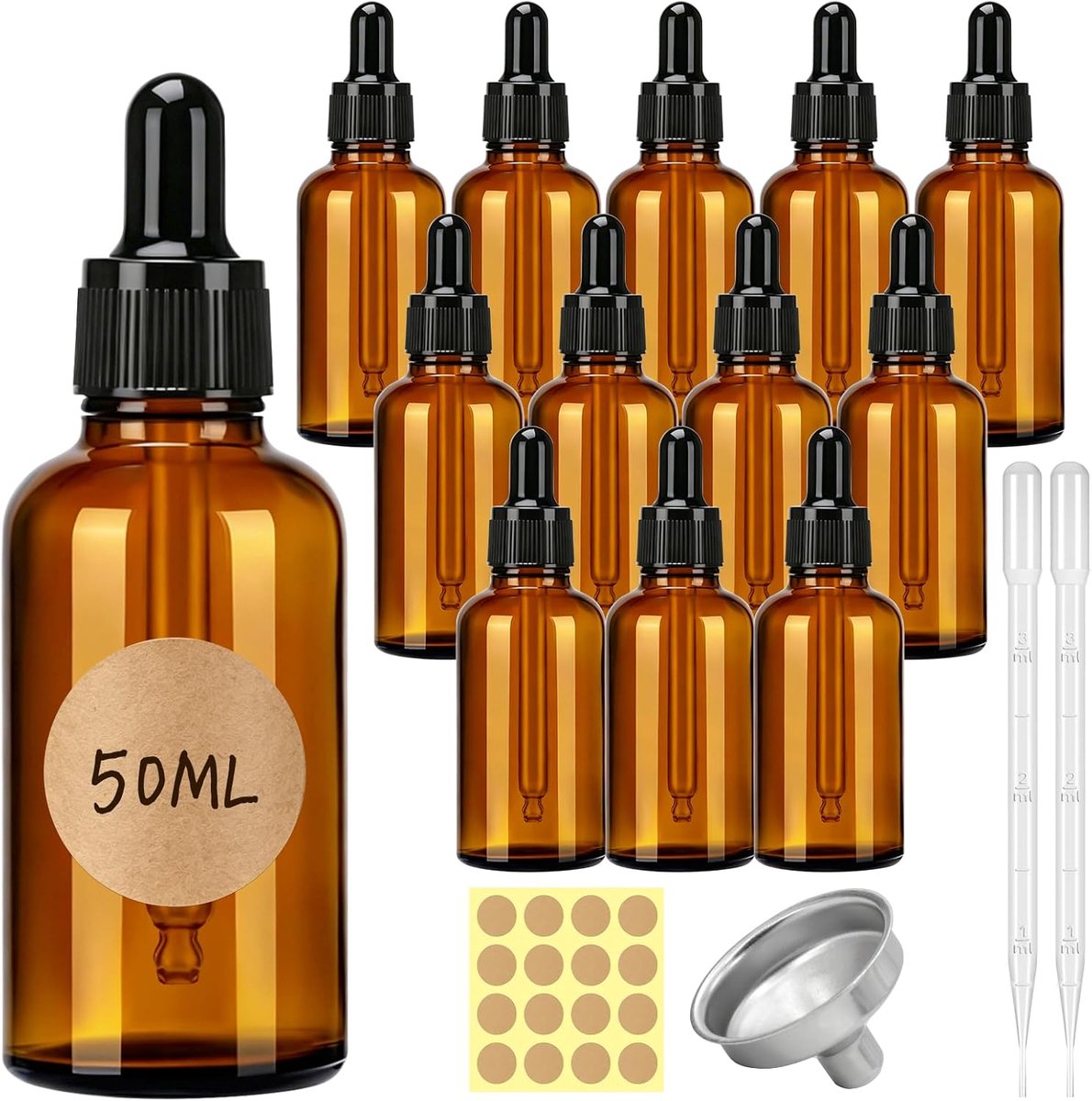 12 stuks 50 ml amberkleurige glazen druppelflesjes, navulbare glazen oogdruppelflesjes met pipetten, trechter en etiketten, lege monsterfles voor etherische oliën, parfums, aromatherapie