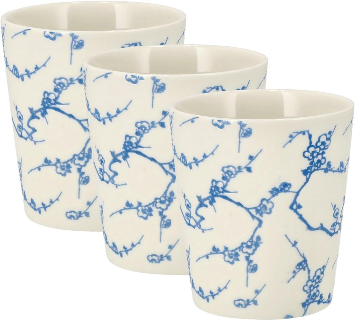 Set van 3 – Espresso Kopjes 200 ml Zonder Oor – Blauw Wit Bloesem Patroon – Keramische Koffiemokken voor Koffie, Cappuccino en Thee