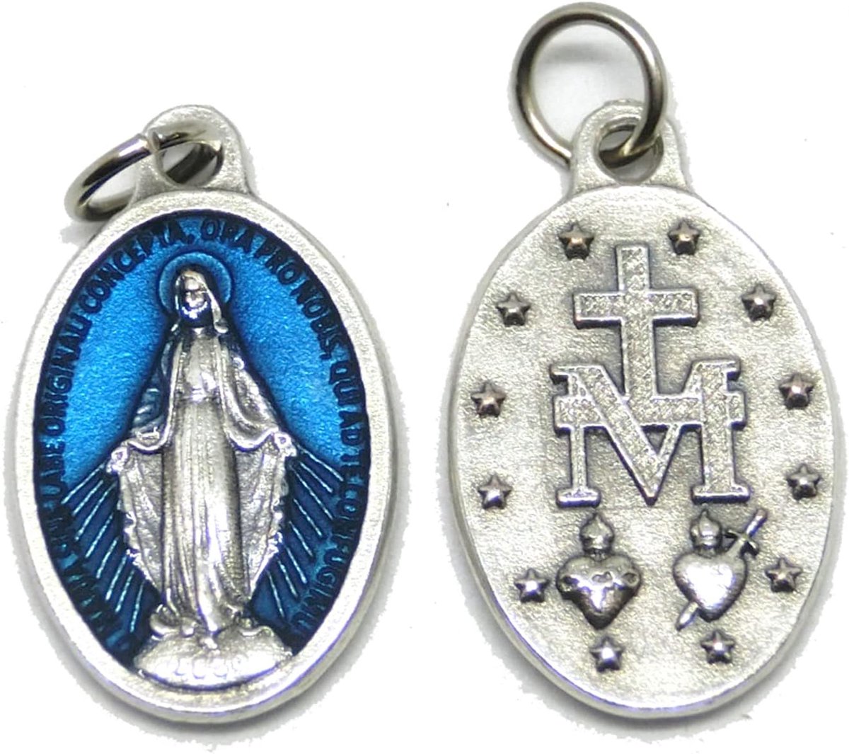 60.973.31 002LOG Madonna Medaille Origineel Logo Gebed in Latijn met Zilveren Ring Grootte van 2,5 cm 25 mm Blauw Email