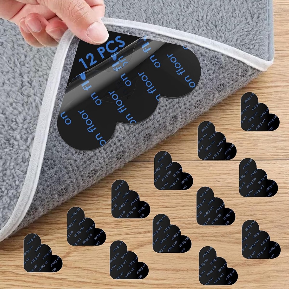 Tapijttapes antislip, 12 stuks tapijtgrijpers dubbelzijdig, sterke zelfklevende tapijttapepads voor hardhouten vloeren en tegels, wolkvorm zwart