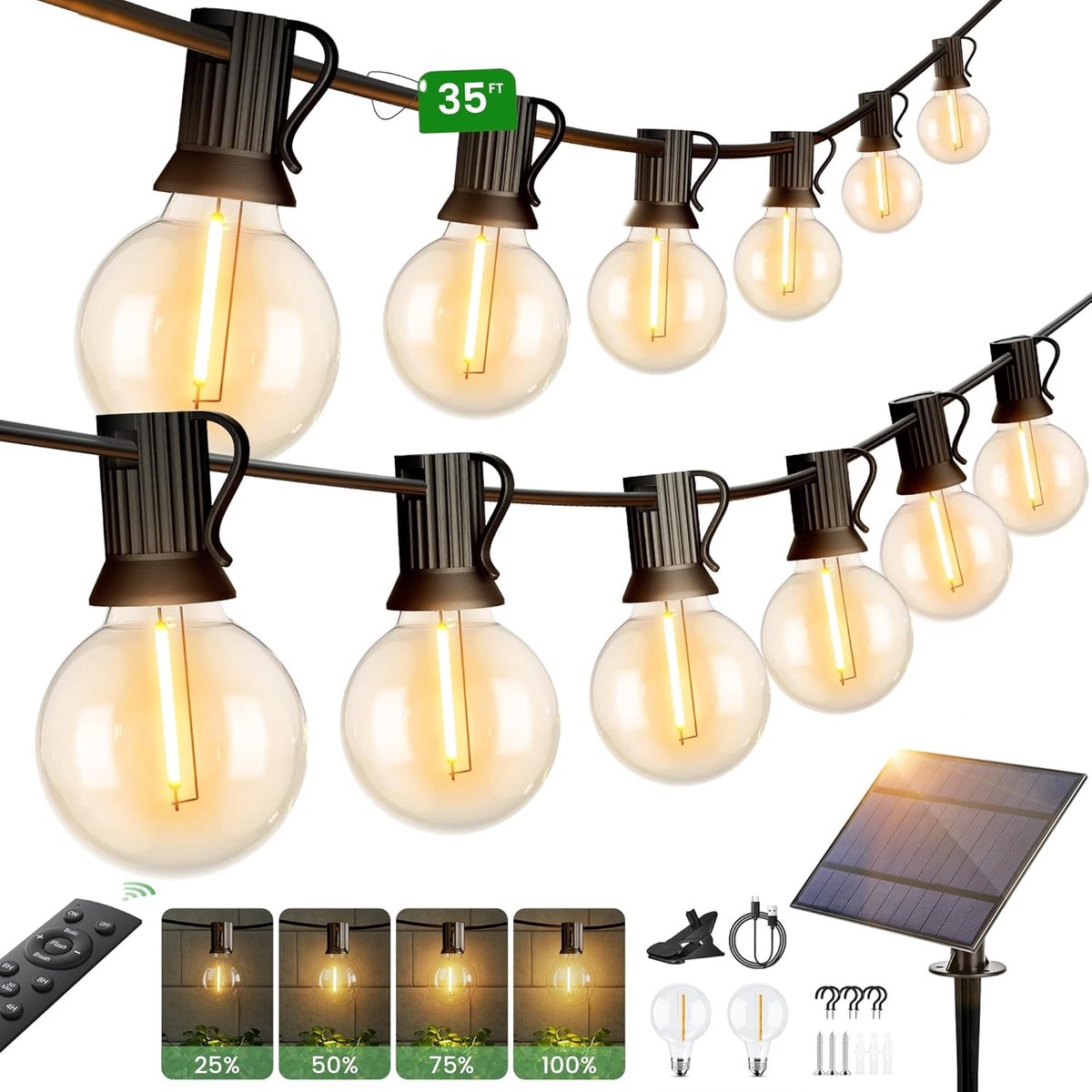 9 Meter Solar Globe Lichtsnoer Buiten, Waterdichte Solar G40 Patio Verlichting met Afstandsbediening, 15+2 Onbreekbare LED Gloeidraadlampen, 2200K Zacht Wit, Dimbaar Buiten Edison Hanglamp