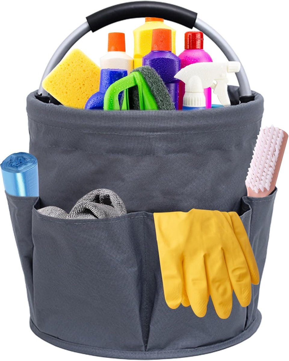 Schoonmaakmiddel-organizer, reinigingsmand met handvat, tuintas met 6 vakken, opvouwbaar, waterdicht, 17 liter, reinigingscaddy voor binnen, tuin, badkamer