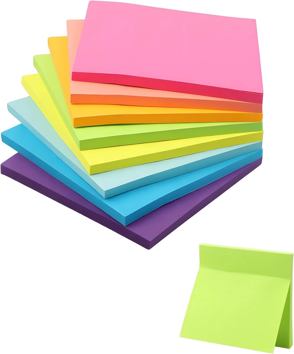 400 Sticky Notes Neon 76 x 76mm Sterke Sterk & herplakbaar 8 Kleuren | 400 Neon Plaknotities 76x76 mm, 8 Kleuren, Sterke en Herplakbare Lijm voor Kantoor, School en Thuis.