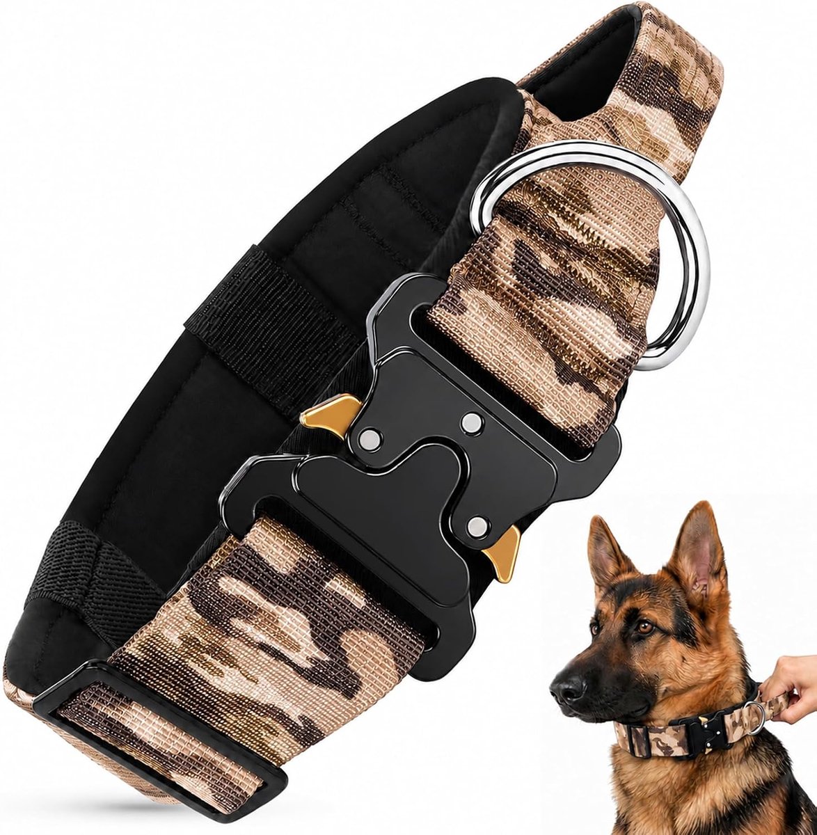 tactische hondenhalsband, breed, gevoerd, met handvat, voor grote middelgrote honden, verstelbare hondenhalsband, nylon met snelsluiting, metalen gesp (kaki, camouflagepatroon, M)