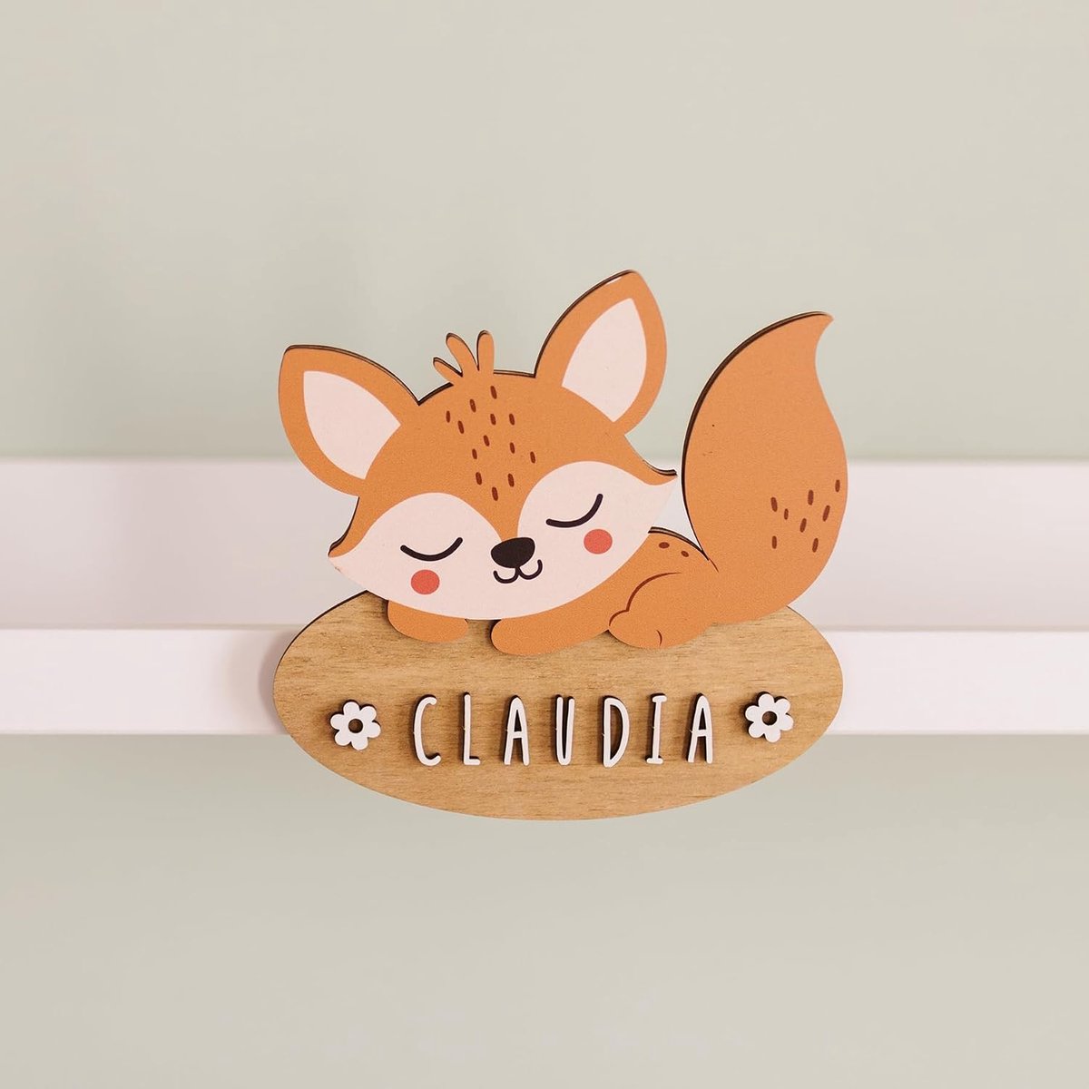 Vintiun Deurbordje voor kinderkamer met vos, gepersonaliseerde houten namen voor deuren en kamers, meisjes en jongens, origineel cadeau voor baby's