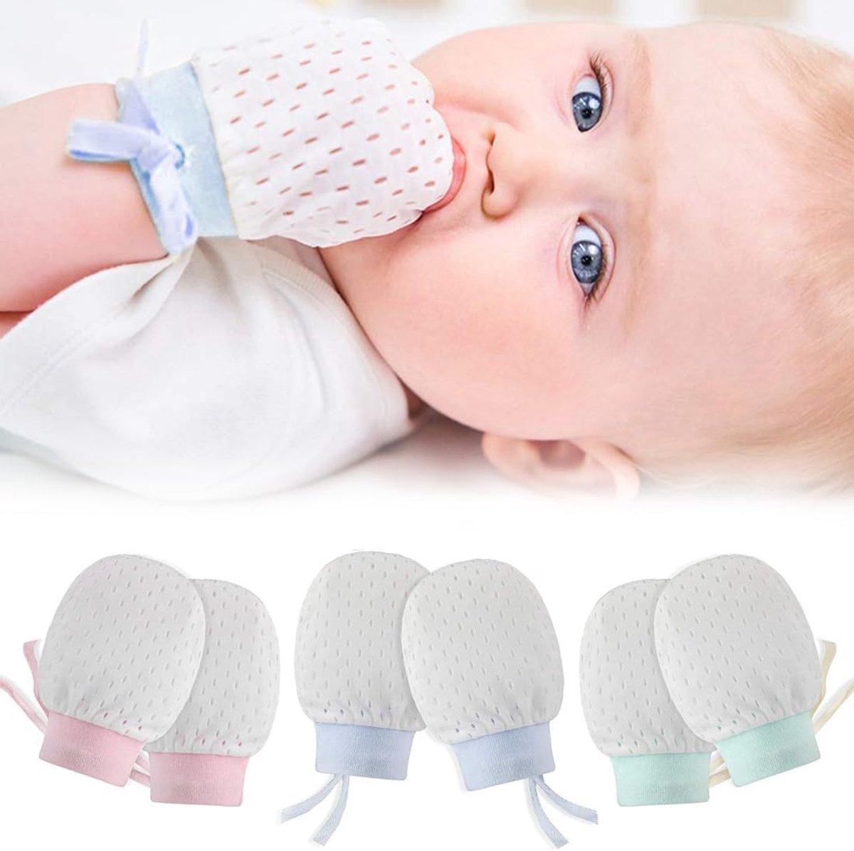 Handschoenen voor pasgeborenen, 3 paar krabhandschoenen voor pasgeborenen, ademend katoen, zacht en comfortabel, 3 kleuren, schattige handschoenen (roze, blauw, groen) voor baby's van 0-18 maanden
