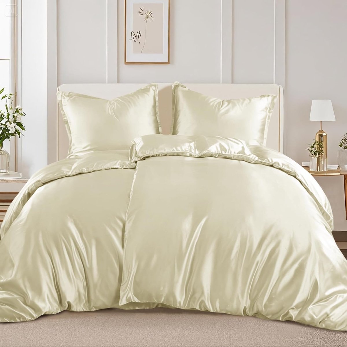 Satijnen beddengoed, 135 x 200 cm, 4-delig, zijdeachtig dekbedovertrek, beige met glans als zijde, beddengoedset voor haar en huid, glanzend beddengoed, 135 x 200 cm, met ritssluiting en